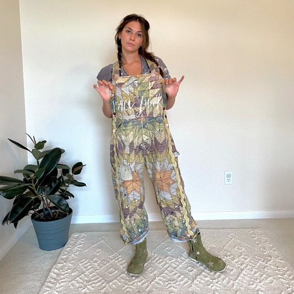 One of a Kind 'Peace Junkie' Patchwork Overalls Magnolia Pearl. - Picture 2 of 3